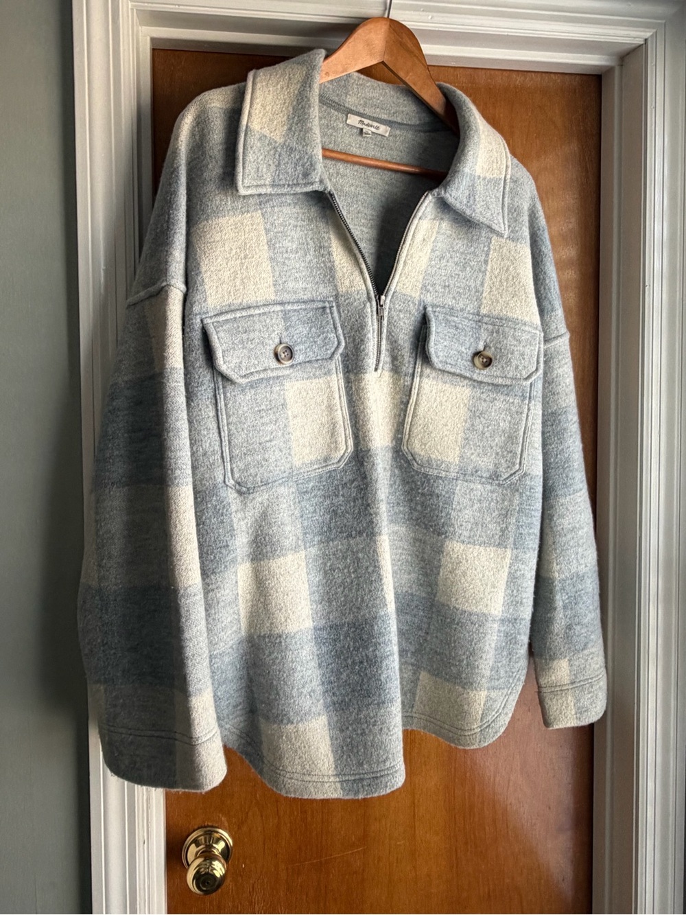 Madewell Blue and Cream Plaid Half-Zip Shacket Sweater